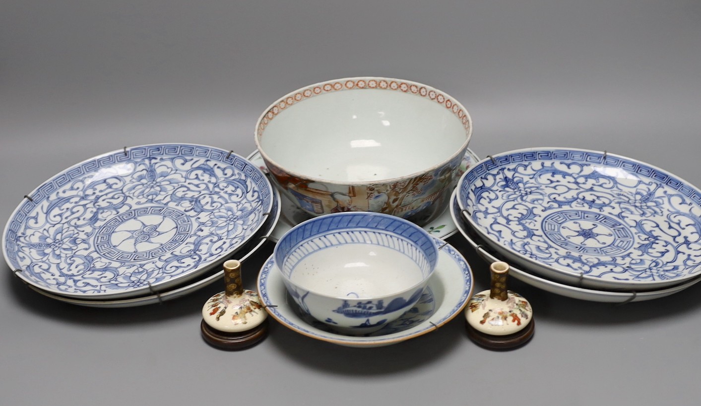 A selection of various Oriental ceramics, to include an 18th century Chinese export bowl with a similar 19th century dish, and other Chinese blue and white china